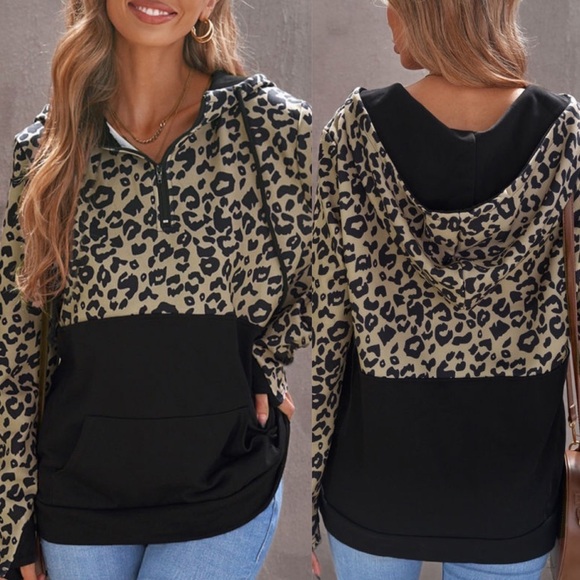 LEOPARD Print Color Block Patchwork Zip Sweatshirt NEW - Picture 1 of 1